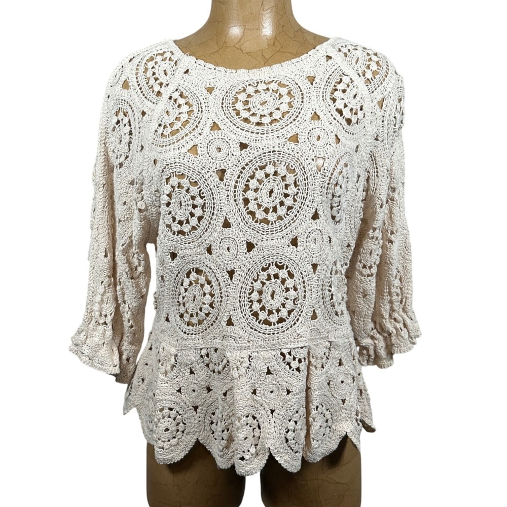 Solitaire Women Crochet Lace Peplum Top Cream Medallion 3/4 Sleeve Large Boho